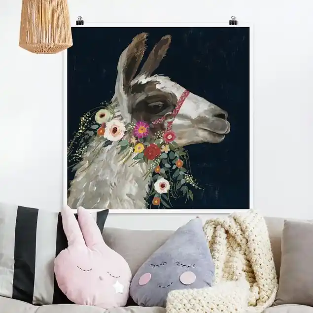 Günstig Lama mit Blumenschmuck I Poster - Quadrat