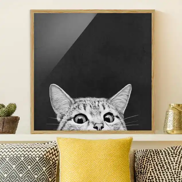 Neue Ware Illustration Katze Schwarz Weiß Zeichnung Bild mit Rahmen - Quadrat