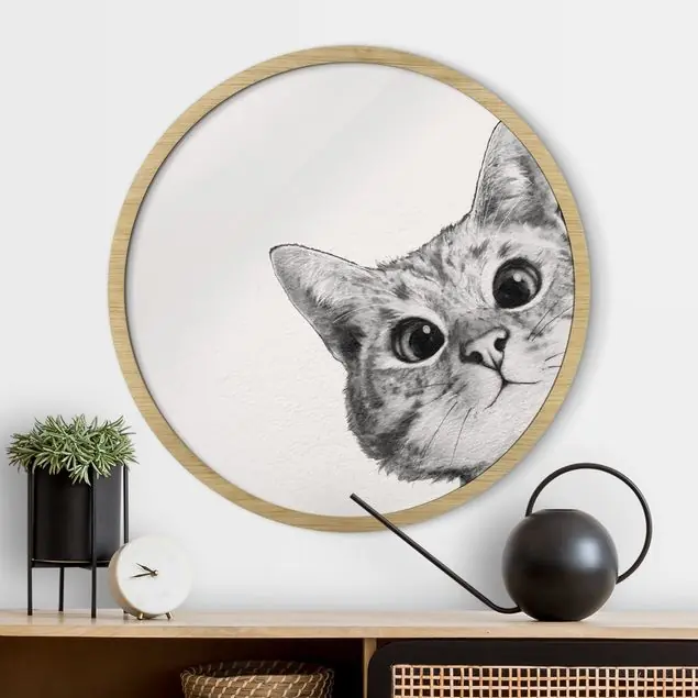 Illustration Katze Zeichnung Schwarz Weiß Rundes Bild mit Rahmen Online Kaufen