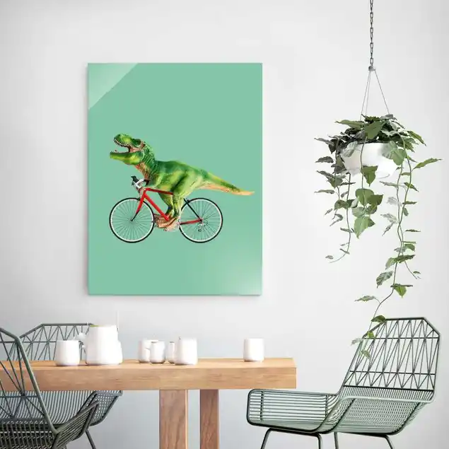Sonderangebot Dinosaurier mit Fahrrad Glasbild - Hochformat