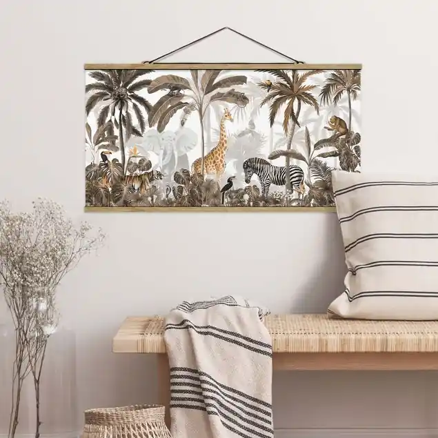 Saisonangebot Majestätische Tierwelt im Dschungel Sepia Stoffbild mit Posterleisten