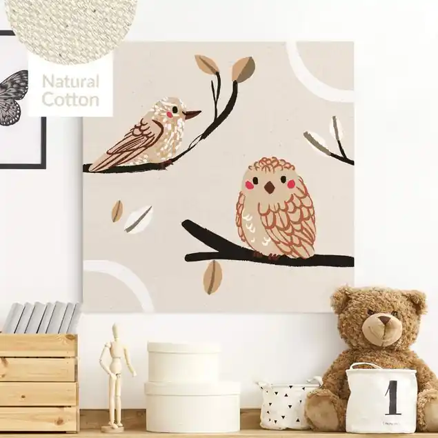 Süße Tierillustration - Vogel und Eule Leinwandbild auf Canvas Natural Expressversand