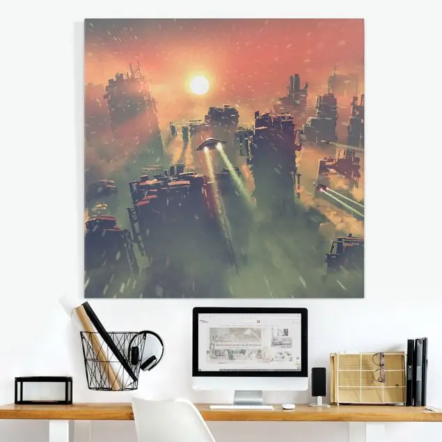 Sci-Fi Raumschiffe im Sonnenaufgang Leinwandbild – Canvas Geprüft