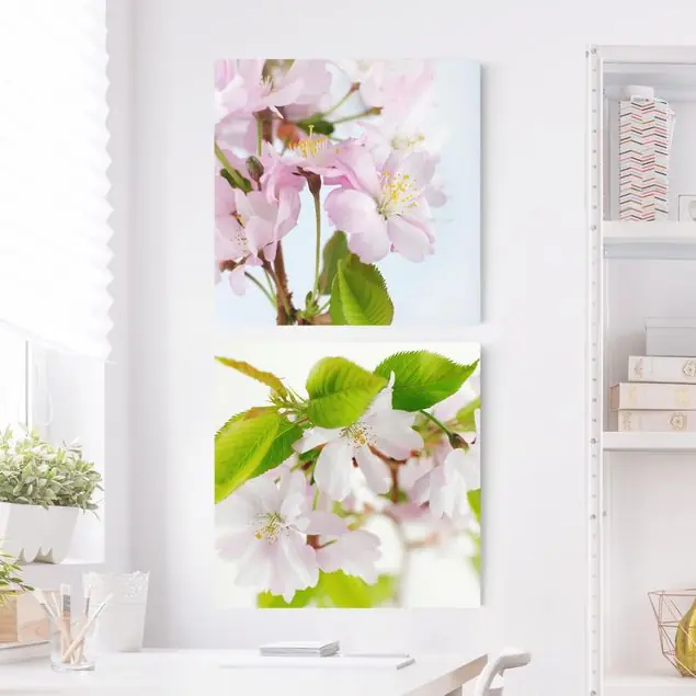 Zierkirsche mit Blüten 2-teiliges Leinwandbild - Quadrat Versand Am Gleichen Tag