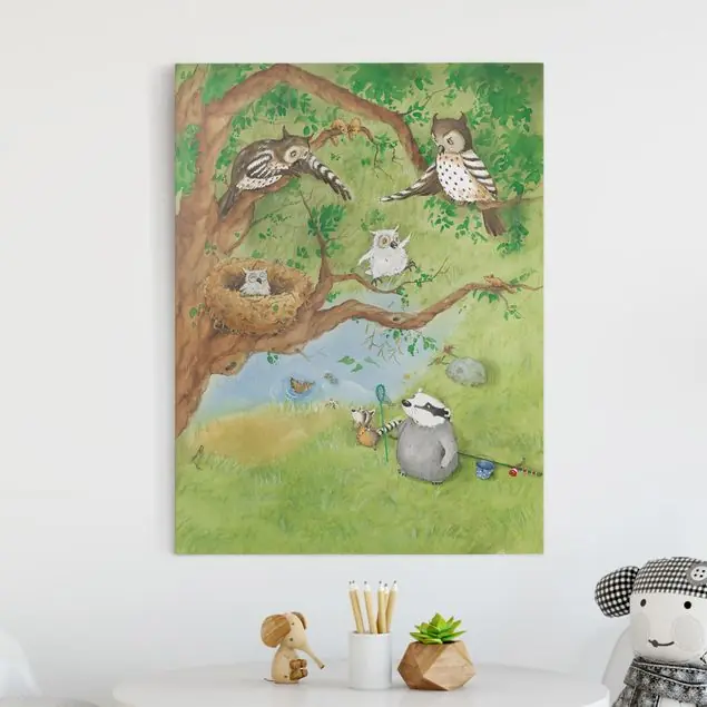 Wassili Waschbär - Eulenküken Elsa reißt aus Leinwandbild – Canvas Bestseller