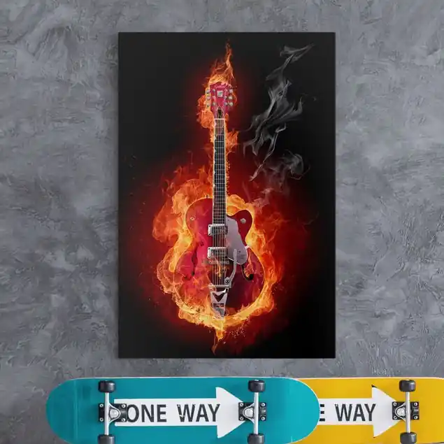 Gitarre in Flammen Leinwandbild – Canvas Knallerangebot