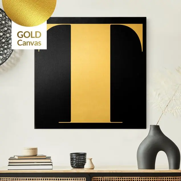 Antiqua Letter T Schwarz Leinwandbild Gold Sonderangebot