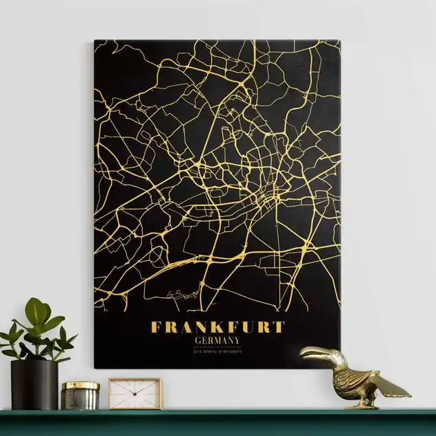 Stadtplan Frankfurt - Klassik Schwarz Leinwandbild Gold Neue Ware