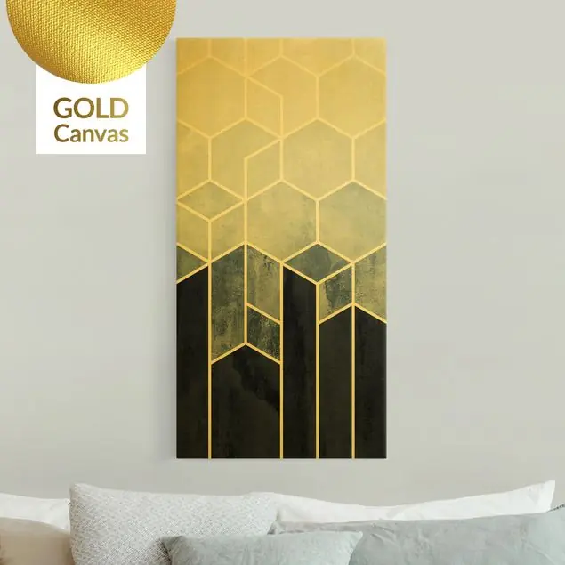 Highlight Goldene Geometrie - Sechsecke Blau Weiß Leinwandbild Gold
