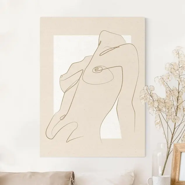 Weiße Line Art - Frau Oberkörper auf Weiß Leinwandbild auf Canvas Natural Echt