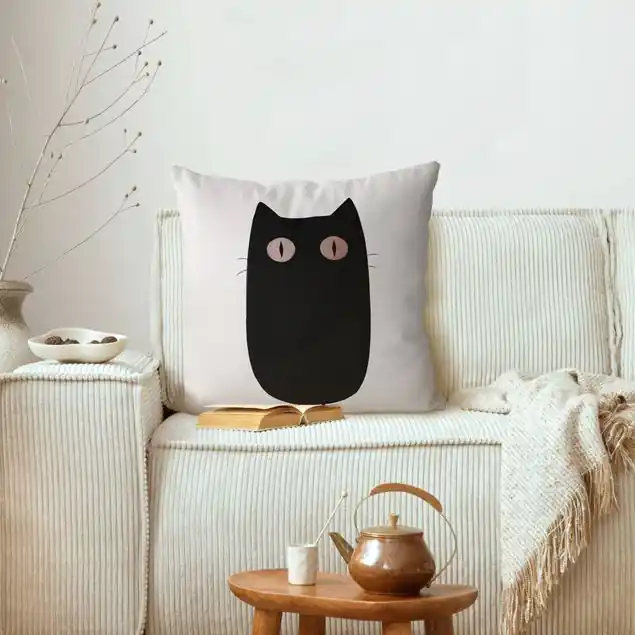 Schwarze Katze Illustration Dekokissen – Canvas Solange Der Vorrat Reicht