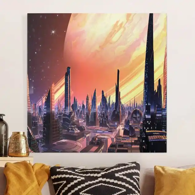 Direkt Vom Hersteller Sci-Fi Großstadt mit Planet Leinwandbild • hergestellt in Deutschland • langlebiges Canvas mit Holzkeilrahmen • klassische Struktur