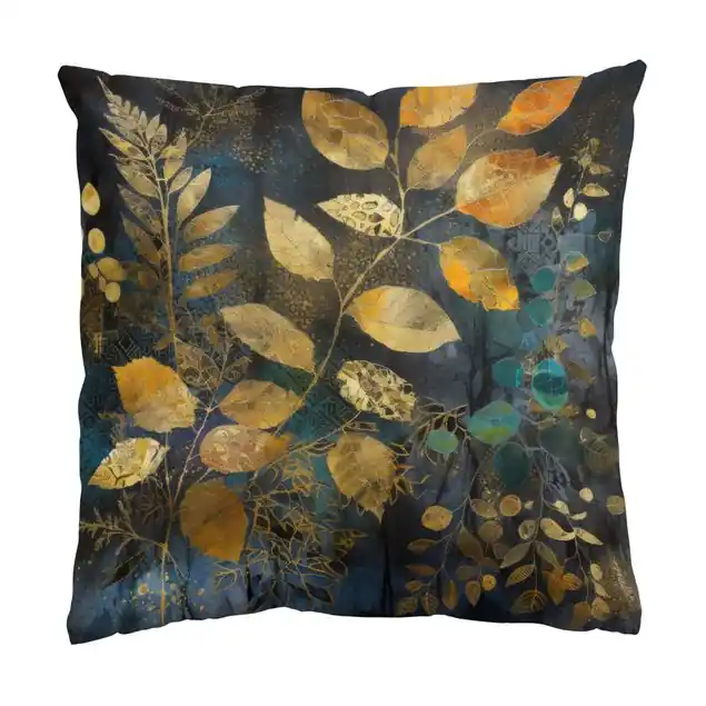 Nur Für Kurze Zeit Goldene und blaue Blätter Dekokissen – Canvas