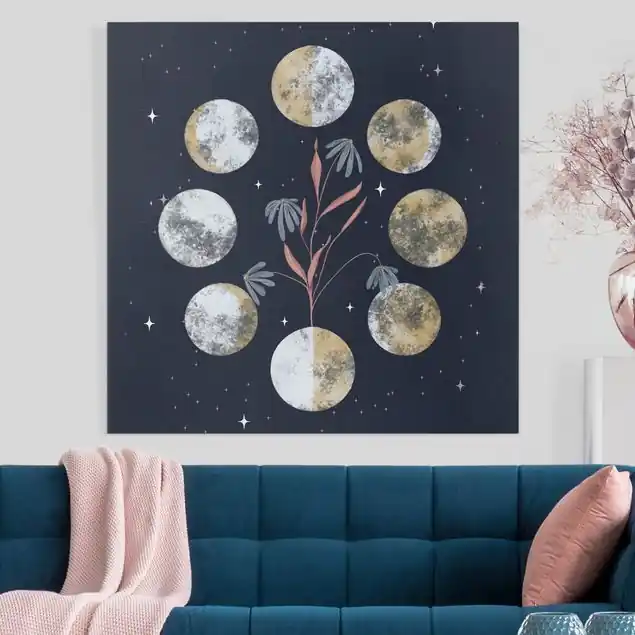 Sonderangebot Mondphasen und Margeriten Leinwandbild • hergestellt in Deutschland • langlebiges Canvas mit Holzkeilrahmen • klassische Struktur