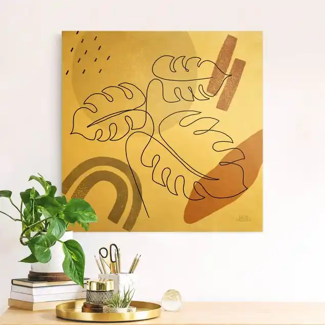 Monstera Lineart und Terracotta Farben Leinwandbild • hergestellt in Deutschland • langlebiges Canvas mit Holzkeilrahmen • klassische Struktur Sonderangebot
