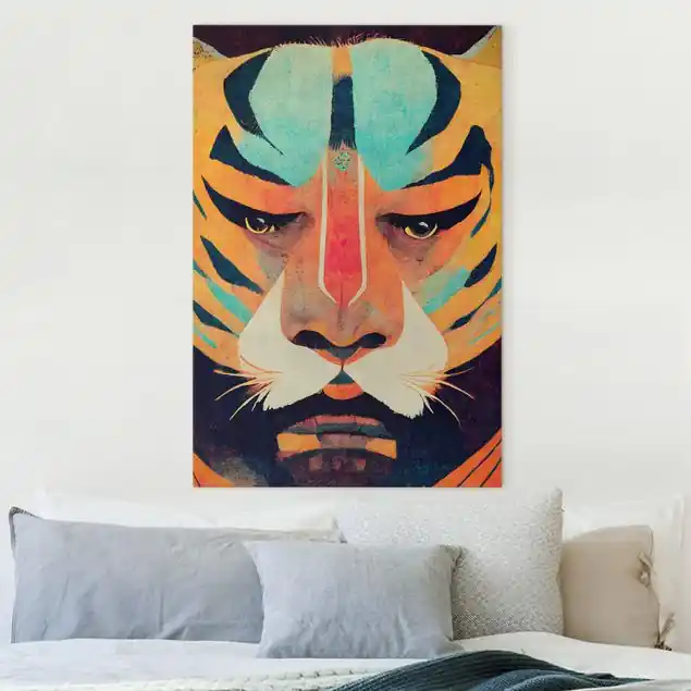 Bunte Tiger Illustration Leinwandbild • hergestellt in Deutschland • langlebiges Canvas mit Holzkeilrahmen • klassische Struktur Schnäppchen