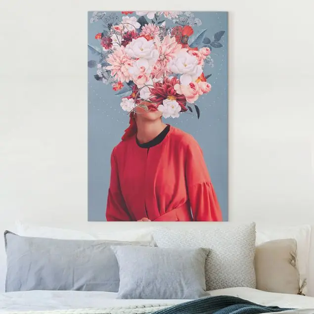 Direktkauf Blumen Porträt - Rosa Dahlien mit Blau Leinwandbild • hergestellt in Deutschland • langlebiges Canvas mit Holzkeilrahmen • klassische Struktur