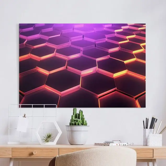 Hexagone mit Neonlicht in Rosa und Lila Leinwandbild • hergestellt in Deutschland • langlebiges Canvas mit Holzkeilrahmen • klassische Struktur Solange Der Vorrat Reicht