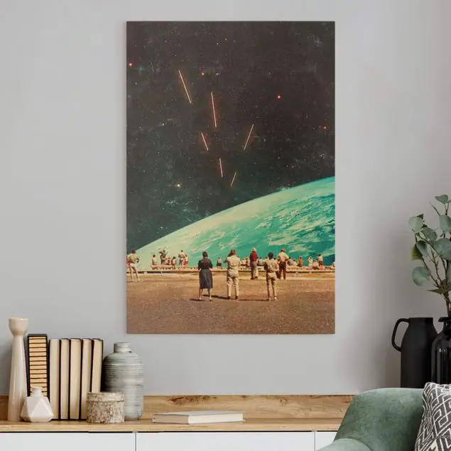Echt Lasershow über der Erde Leinwandbild • hergestellt in Deutschland • langlebiges Canvas mit Holzkeilrahmen • klassische Struktur