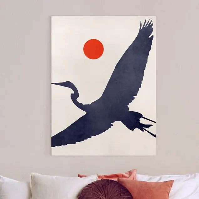 Blauer Kranich vor roter Sonne Leinwandbild • hergestellt in Deutschland • langlebiges Canvas mit Holzkeilrahmen • klassische Struktur Kostenfreie Lieferung
