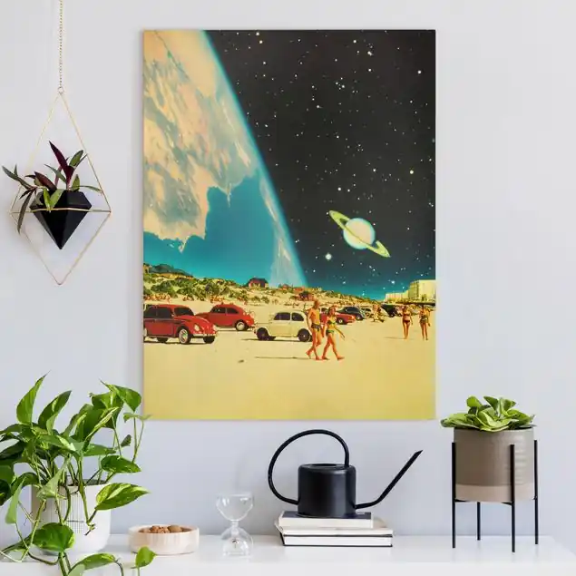 Retro Collage - Galaktischer Strand Leinwandbild • hergestellt in Deutschland • langlebiges Canvas mit Holzkeilrahmen • klassische Struktur Sonderangebot