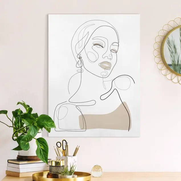 Neue Kollektion Line Art Portraits - Beige Lipstick Leinwandbild • hergestellt in Deutschland • langlebiges Canvas mit Holzkeilrahmen • klassische Struktur