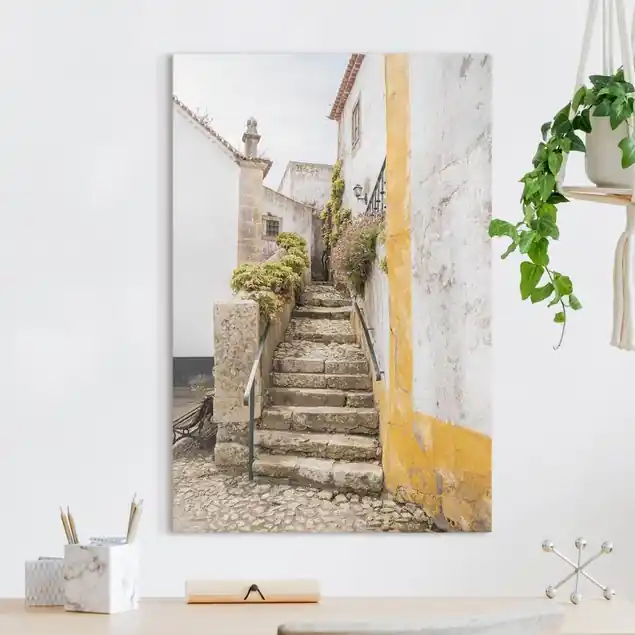 Treppen in Óbidos Leinwandbild • hergestellt in Deutschland • langlebiges Canvas mit Holzkeilrahmen • klassische Struktur Kostenfreie Lieferung