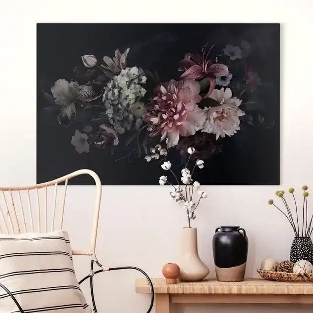 Blumen mit Nebel auf Schwarz Leinwandbild • hergestellt in Deutschland • langlebiges Canvas mit Holzkeilrahmen • klassische Struktur Preis Gesenkt