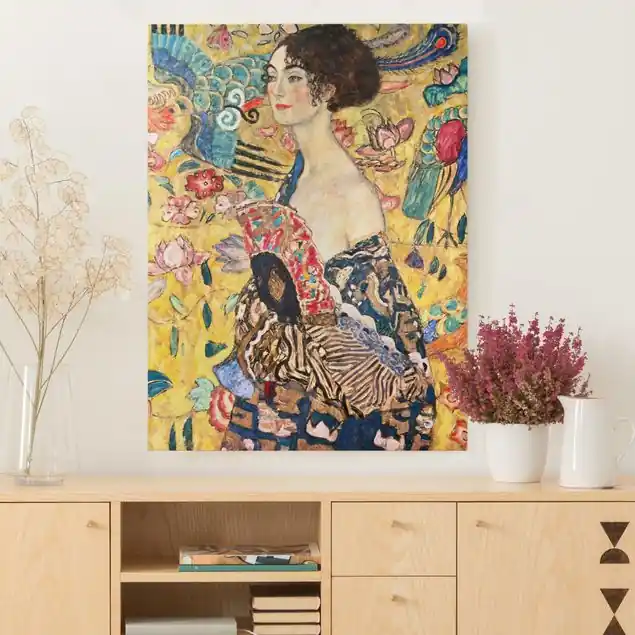 Gustav Klimt - Dame mit Fächer Leinwandbild • hergestellt in Deutschland • langlebiges Canvas mit Holzkeilrahmen • klassische Struktur Highlight