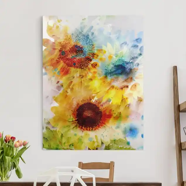 Aquarell Blumen Sonnenblumen Leinwandbild • hergestellt in Deutschland • langlebiges Canvas mit Holzkeilrahmen • klassische Struktur Garantierte Lieferung