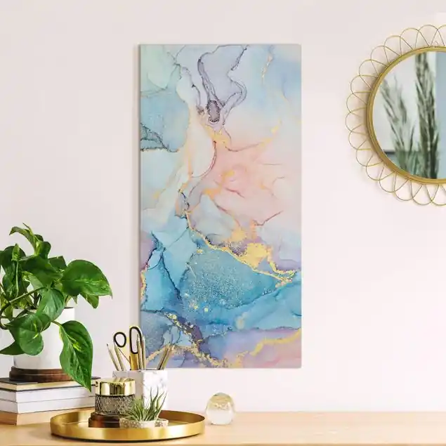 Aquarell Pastell Bunt mit Gold Leinwandbild • hergestellt in Deutschland • langlebiges Canvas mit Holzkeilrahmen • klassische Struktur Schnäppchen