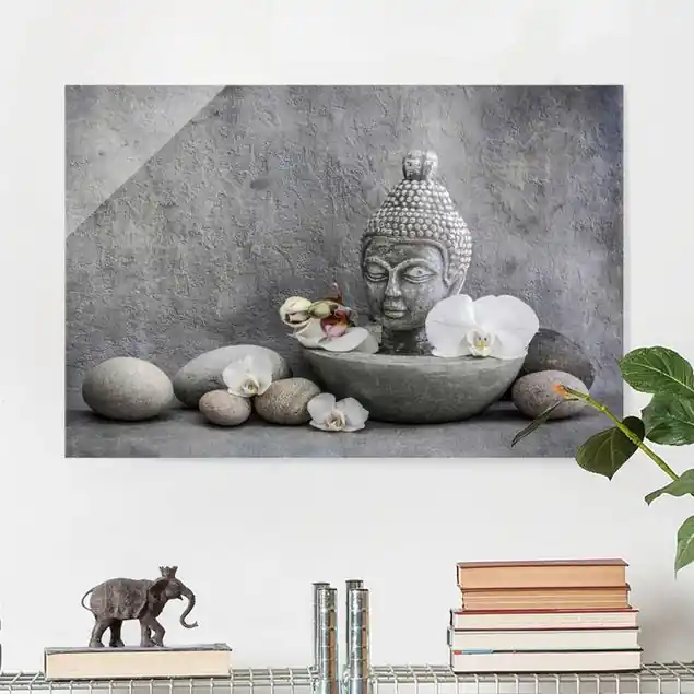 Zertifiziert Zen Buddha, Orchideen und Steine Glasbild