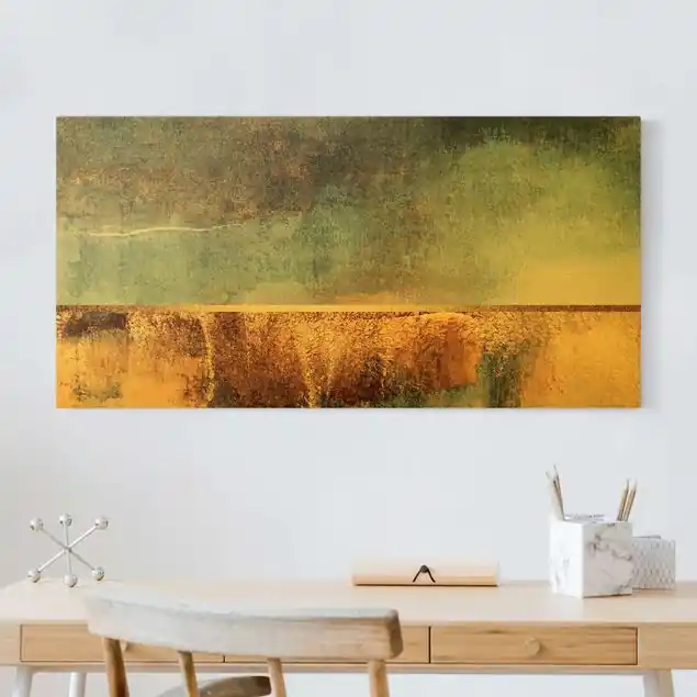 Abverkauf Abstraktes Seeufer in Gold Leinwandbild