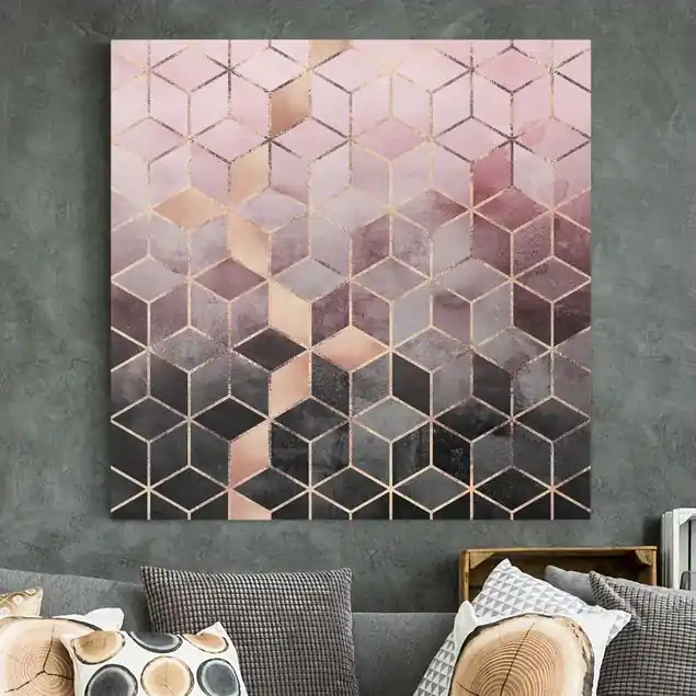 Günstig Rosa Grau goldene Geometrie Leinwandbild • hergestellt in Deutschland • langlebiges Canvas mit Holzkeilrahmen • klassische Struktur