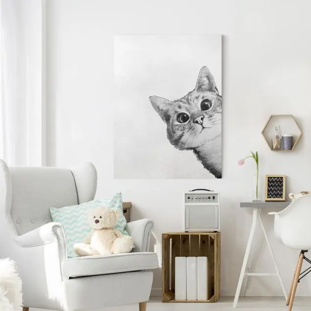 Preisknaller Illustration Katze Zeichnung Schwarz Weiß Leinwandbild • hergestellt in Deutschland • langlebiges Canvas mit Holzkeilrahmen • klassische Struktur