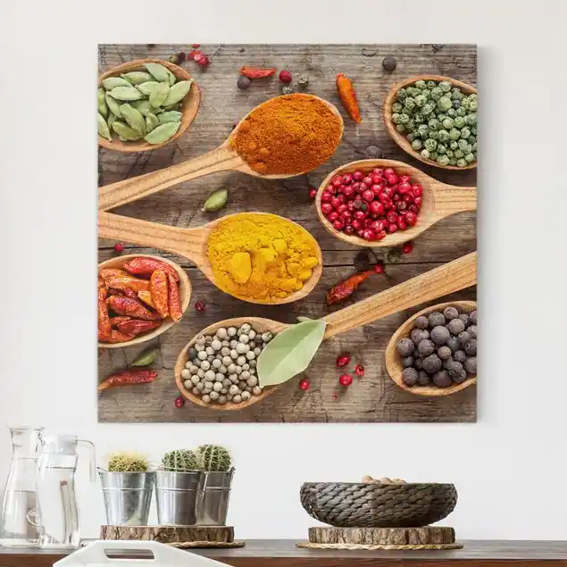 Gewürze auf Holzlöffel Leinwandbild • hergestellt in Deutschland • langlebiges Canvas mit Holzkeilrahmen • klassische Struktur Top-Preis