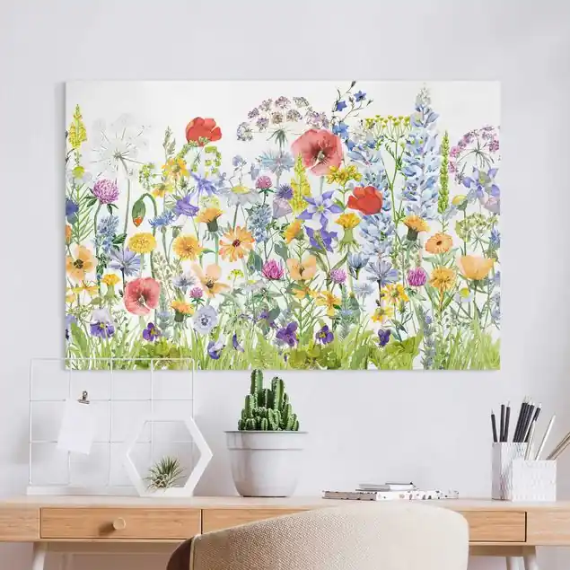 Aquarellierte Blumenwiese Leinwandbild • hergestellt in Deutschland • langlebiges Canvas mit Holzkeilrahmen • klassische Struktur Preisreduziert