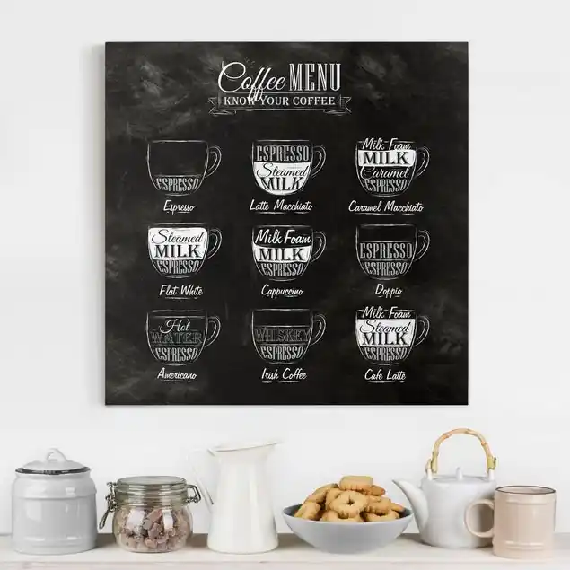Abverkauf Kaffeesorten Kreidetafel Leinwandbild • hergestellt in Deutschland • langlebiges Canvas mit Holzkeilrahmen • klassische Struktur