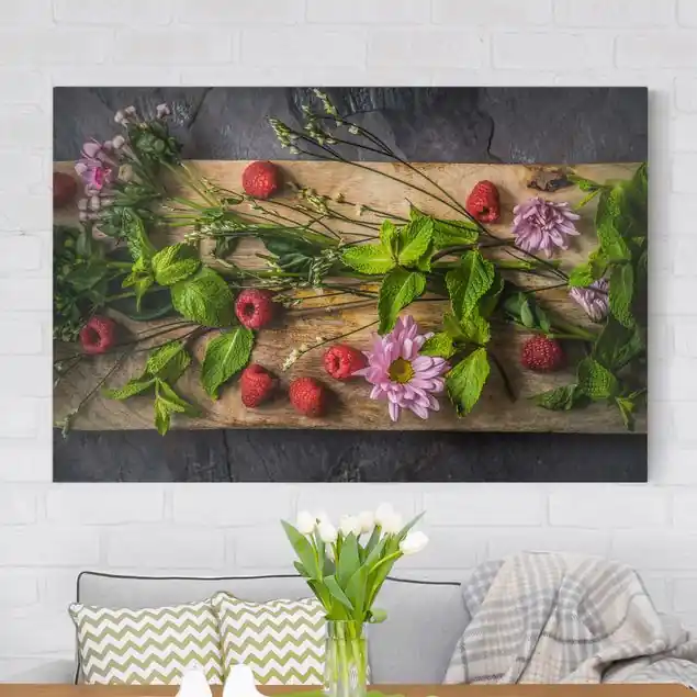 Blumen Himbeeren Minze Leinwandbild • hergestellt in Deutschland • langlebiges Canvas mit Holzkeilrahmen • klassische Struktur Meistverkauft