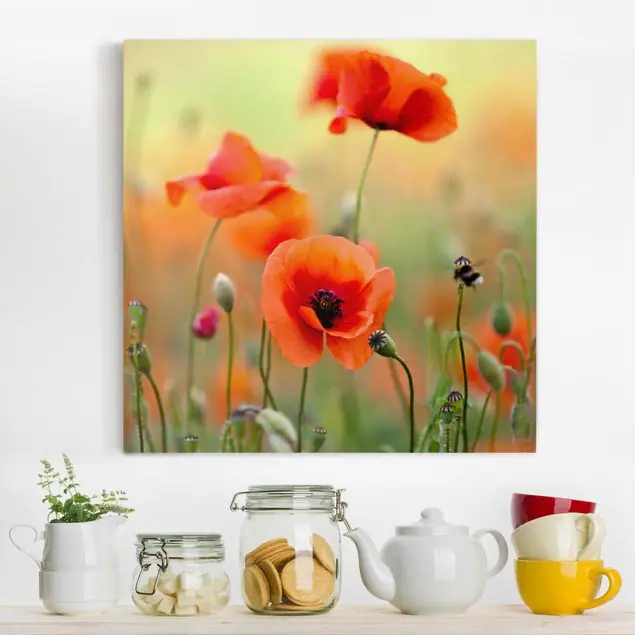 Echt Roter Sommermohn Leinwandbild • hergestellt in Deutschland • langlebiges Canvas mit Holzkeilrahmen • klassische Struktur