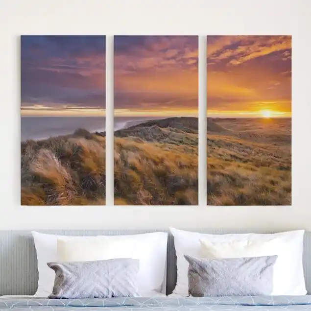 Sonnenaufgang am Strand auf Sylt 3-teiliges Leinwandbild - Querformat Neu Im Sortiment