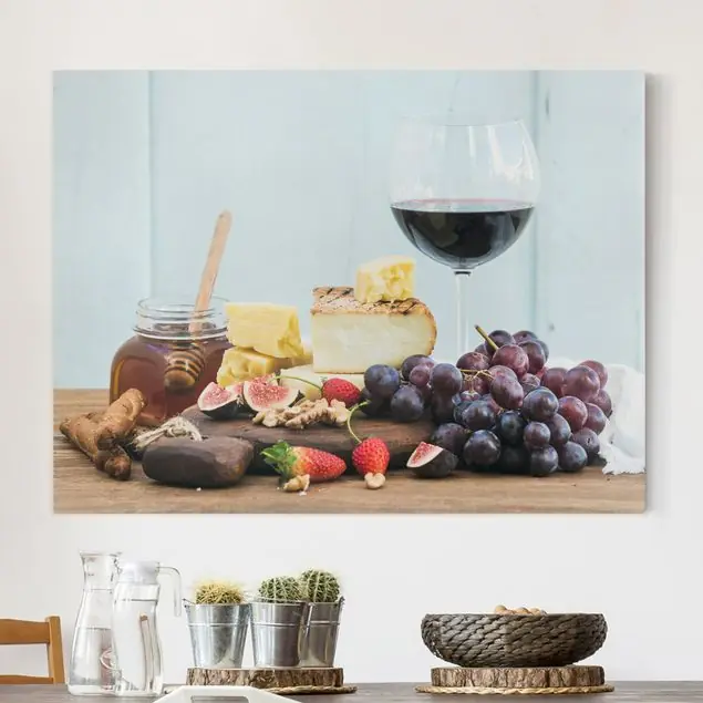 Abverkauf Käse und Wein Leinwandbild • hergestellt in Deutschland • langlebiges Canvas mit Holzkeilrahmen • klassische Struktur