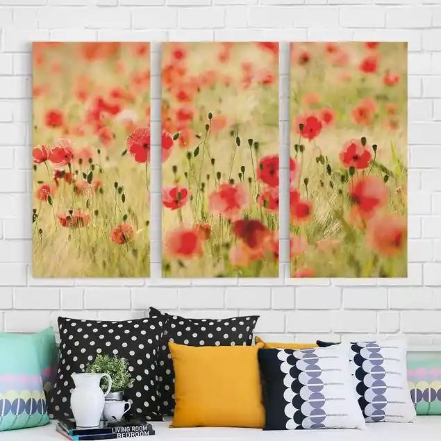 Kostenloser Rückversand Summer Poppies 3-teiliges Leinwandbild - Querformat