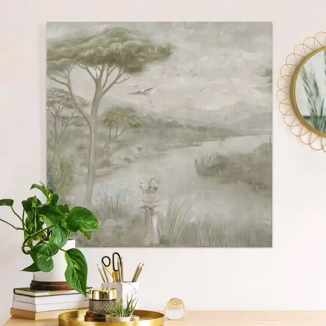 Zertifiziert Pastellgrüne Landschaft mit Kranich Leinwandbild • hergestellt in Deutschland • langlebiges Canvas mit Holzkeilrahmen • klassische Struktur
