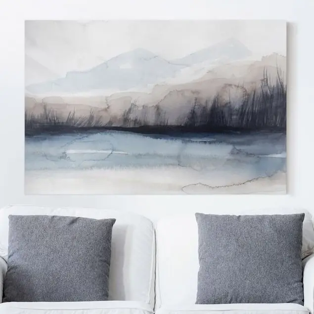 Seeufer mit Bergen I Leinwandbild • hergestellt in Deutschland • langlebiges Canvas mit Holzkeilrahmen • klassische Struktur Preisreduziert