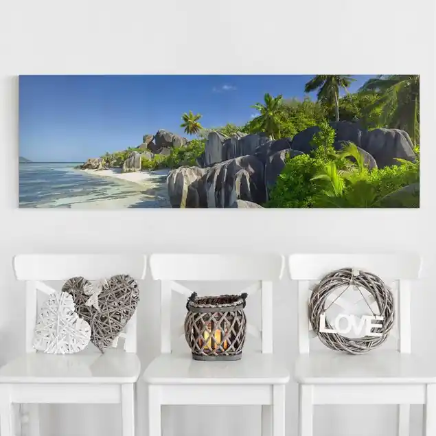 Bestpreis Traumstrand Seychellen Leinwandbild • hergestellt in Deutschland • langlebiges Canvas mit Holzkeilrahmen • klassische Struktur