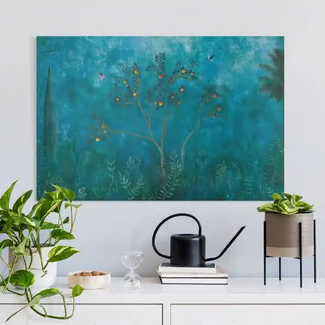 Waldlichtung mit Orangenbaum bei Nacht                               Leinwandbild • hergestellt in Deutschland • langlebiges Canvas mit Holzkeilrahmen • klassische Struktur Bestseller