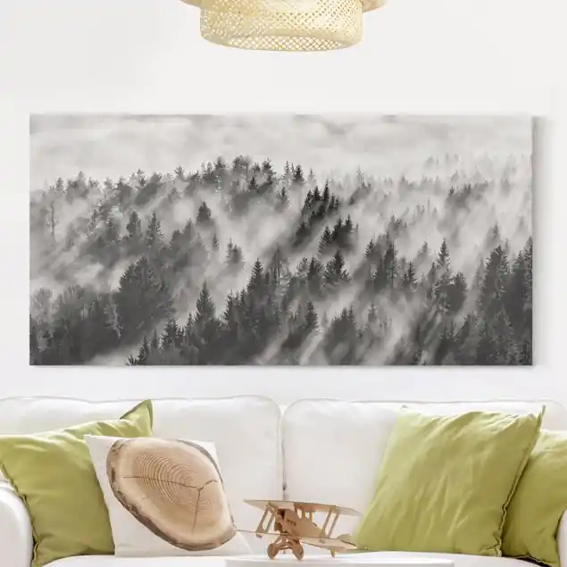 Lichtstrahlen im Nadelwald Leinwandbild • hergestellt in Deutschland • langlebiges Canvas mit Holzkeilrahmen • klassische Struktur Solange Der Vorrat Reicht