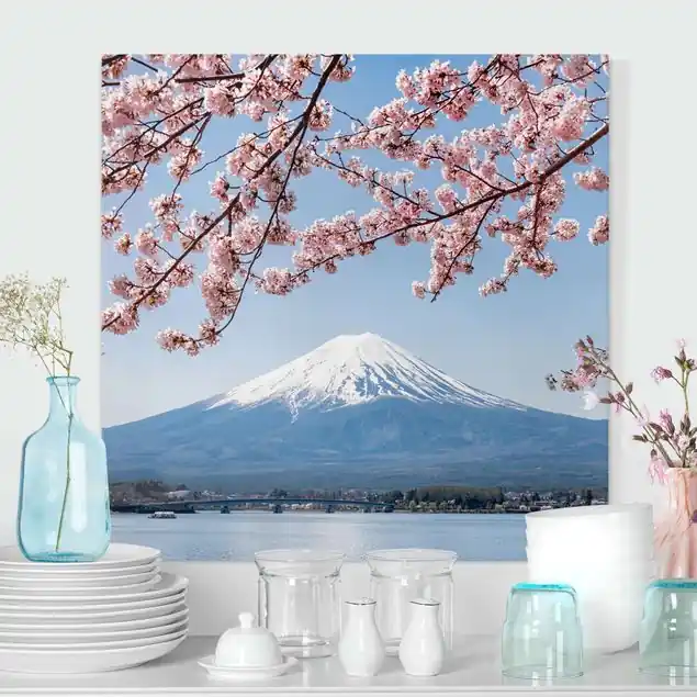 Kirschblüten mit Berg Fuji Leinwandbild • hergestellt in Deutschland • langlebiges Canvas mit Holzkeilrahmen • klassische Struktur Versand Am Gleichen Tag