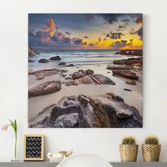 Bestpreis Strand Sonnenaufgang in Thailand Leinwandbild • hergestellt in Deutschland • langlebiges Canvas mit Holzkeilrahmen • klassische Struktur